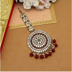 Women's Maroon Color Mirror Work Maang Tikka