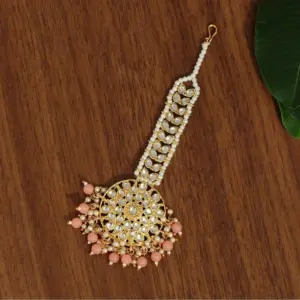 Women's Dark Peach Color Kundan Maang Tikka