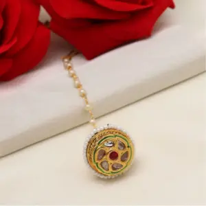 Women's Maroon & Green Color Kundan Meena Borla Tikka