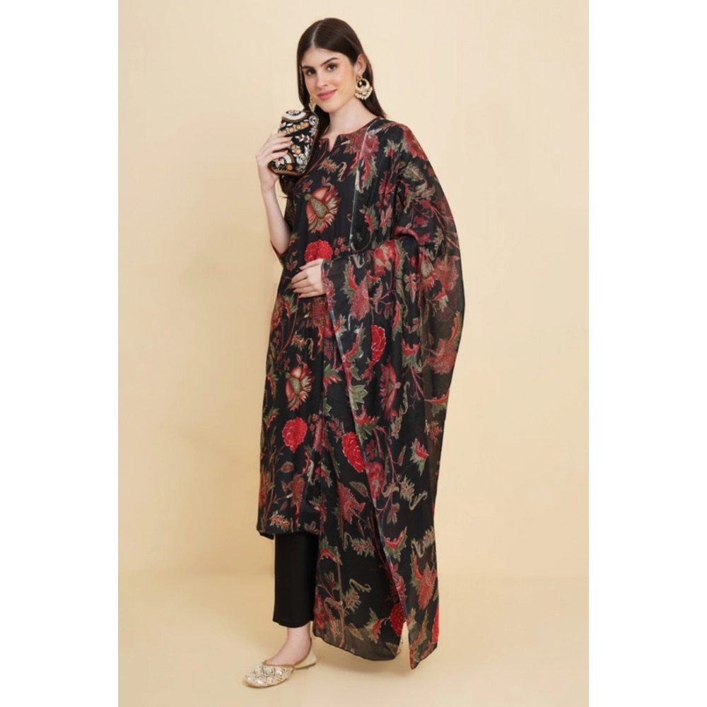 Women's Casual 3/4th Sleeve Floral Print Cotton Kurti Set (Blue) - Image 8