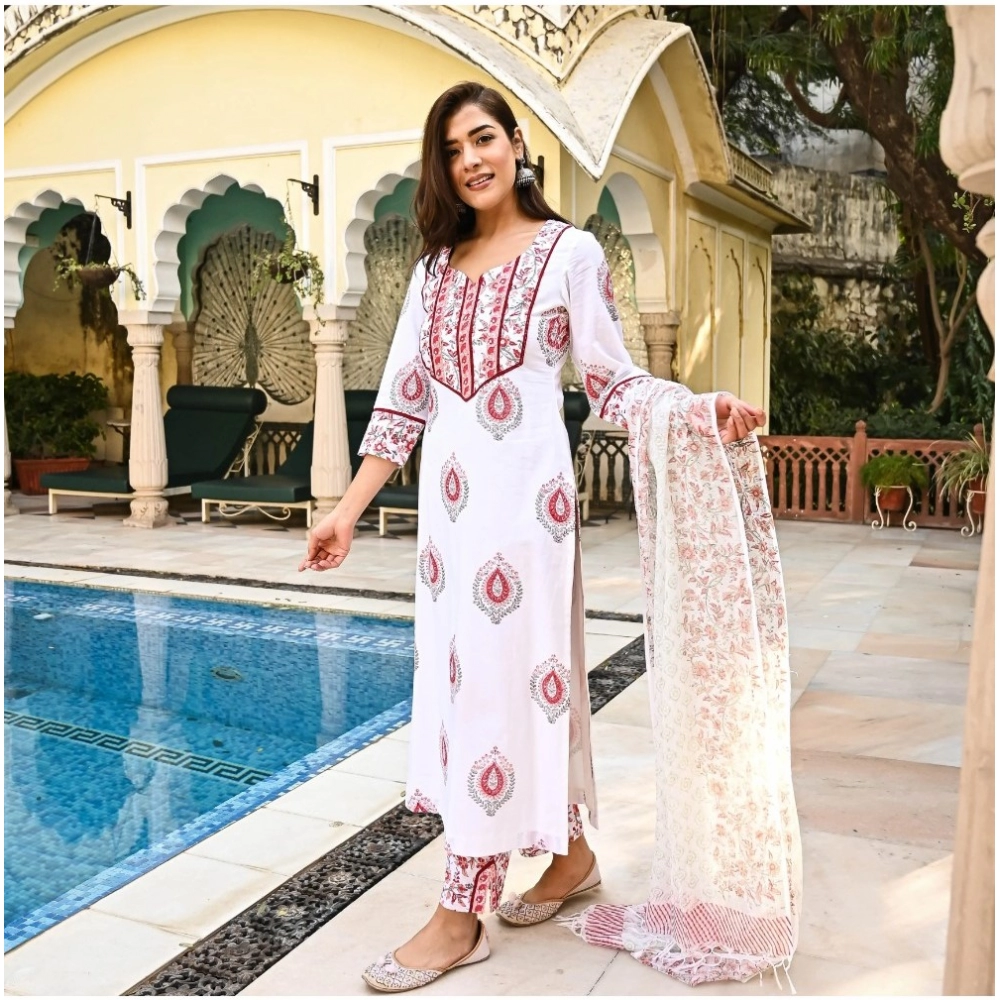 Women's Casual 3/4th Sleeve Block Print Cotton Kurti Set (White And Marron) - Image 4