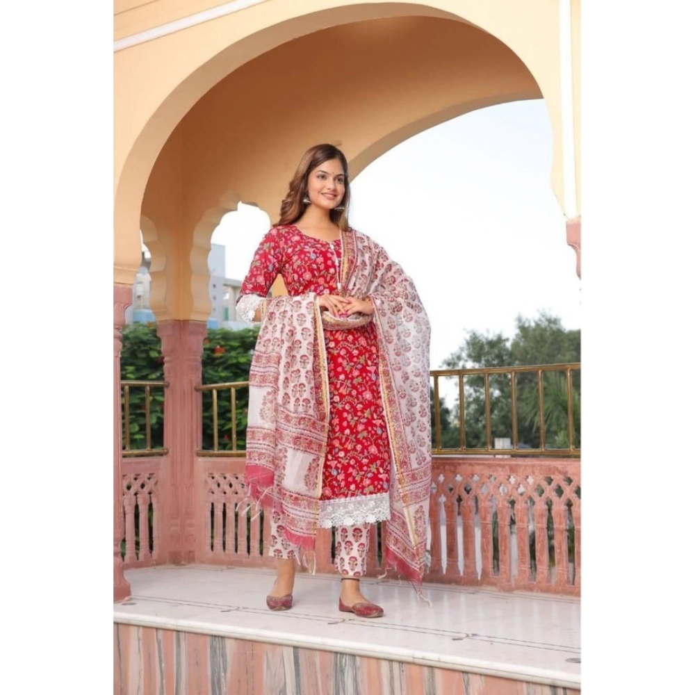 Women's Casual 3/4th Sleeve Printed Cotton Kurti Set (Red) - Image 3