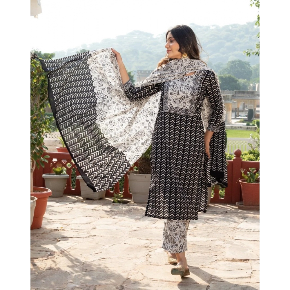 Women's Casual 3/4th Sleeve Printed Cotton Kurti Set (Black) - Image 3