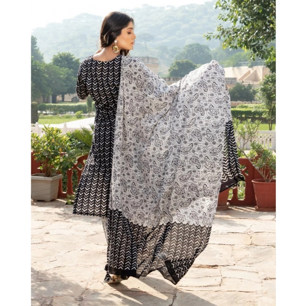 Women's Casual 3/4th Sleeve Printed Cotton Kurti Set (Black) - Image 6