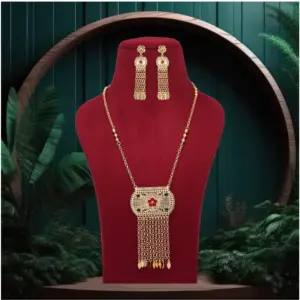 Women's Red & Green Color Gold Plated Necklace Set Adjustable Chain