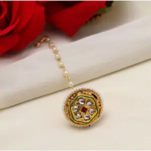 Women's Maroon & Green Color Kundan Meena Borla Tikka