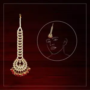 Women's Red Color Imitation Pearl & Kundan Maang Tikka