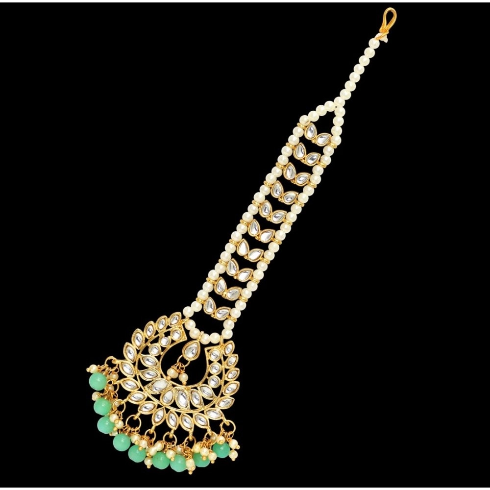 Women's Rama Green Color Imitation Pearl & Kundan Maang Tikka - Image 2