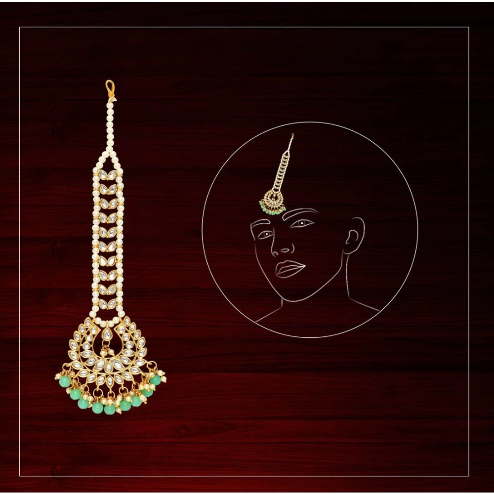 Women's Rama Green Color Imitation Pearl & Kundan Maang Tikka