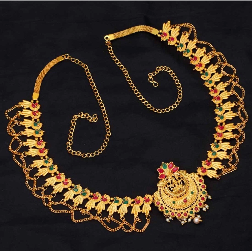 Women's Maroon & Green Color Glass Stone Kamarband Adjustable Chain - Image 3