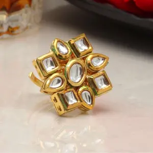 Women's White Color Kundan Meenakari Finger Ring For Women Adjustable Ring