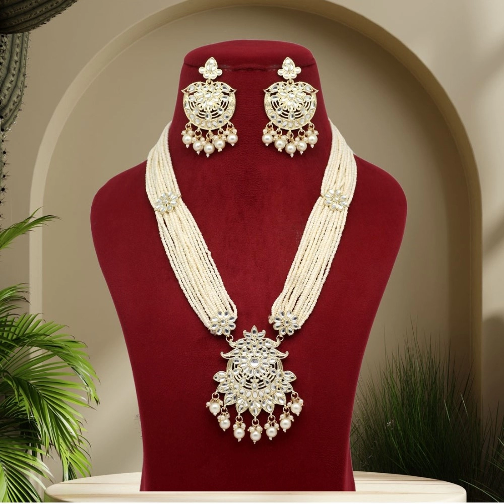Women's White Color Kundan Long Necklace Set