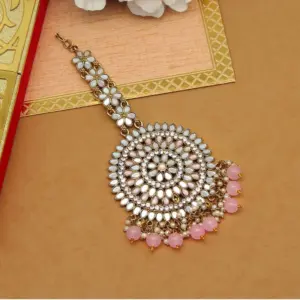Women's Pink Color Mirror Work Maang Tikka
