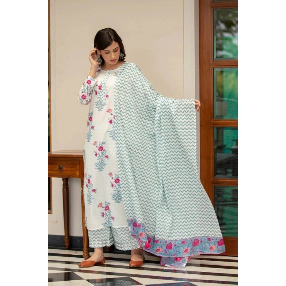 Women's Casual 3/4th Sleeve Floral Print Cotton Kurti Set (White) - Image 5