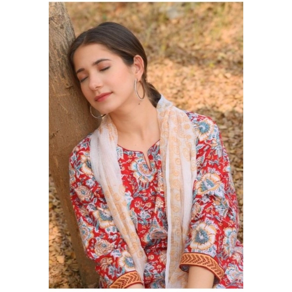 Women's Casual 3/4th Sleeve Floral Print Cotton Kurti Set (Red) - Image 2