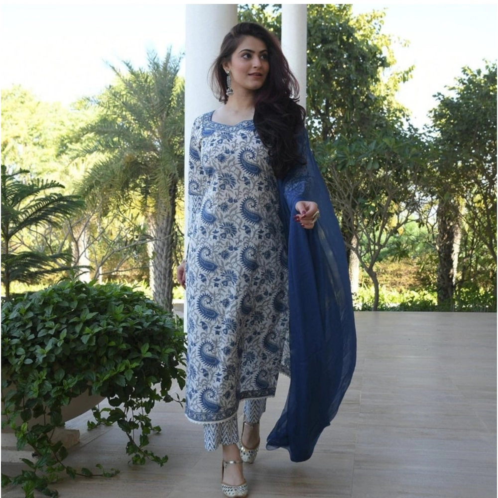 Women's Casual 3/4th Sleeve Printed Cotton Kurti Set (Blue) - Image 2