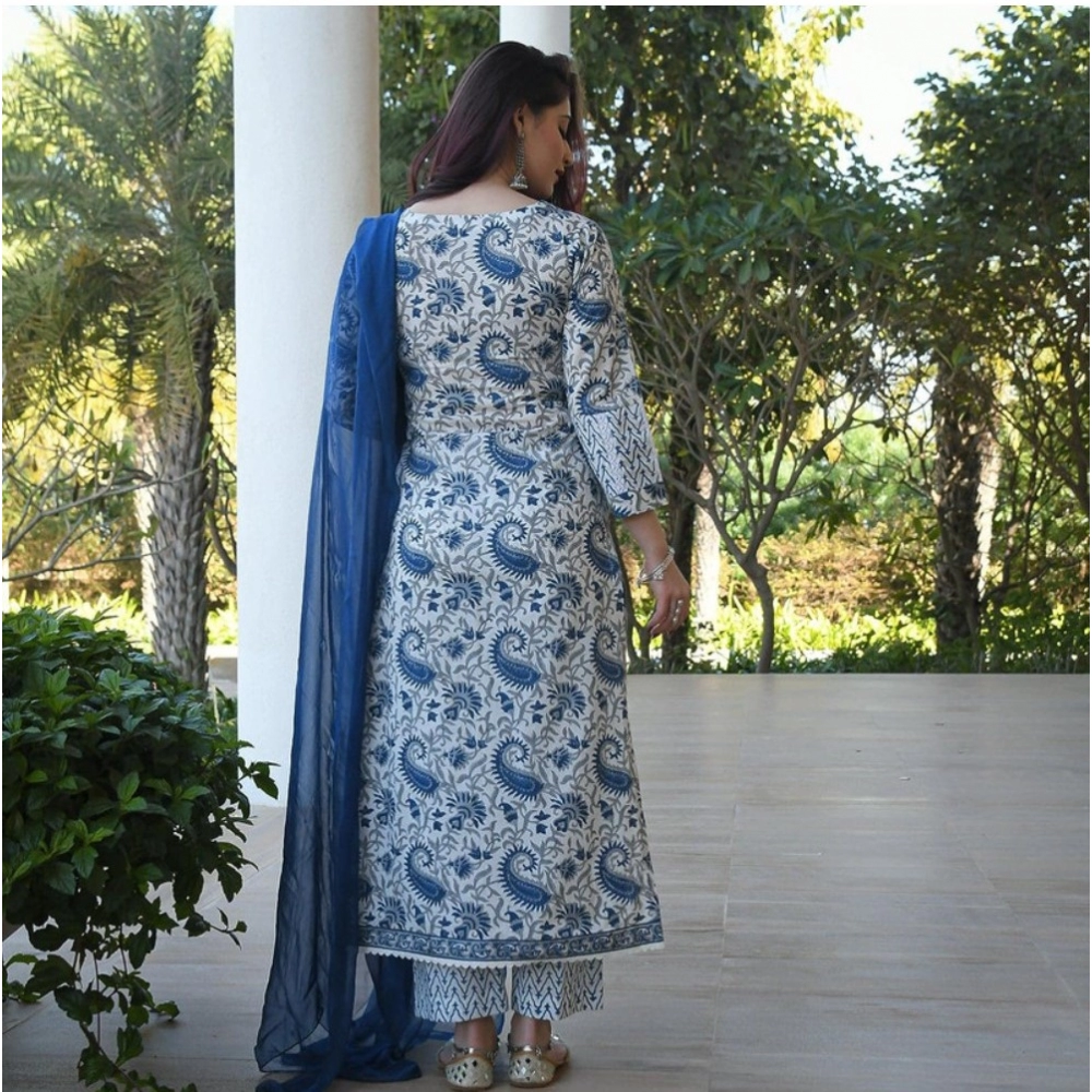 Women's Casual 3/4th Sleeve Printed Cotton Kurti Set (Blue) - Image 4