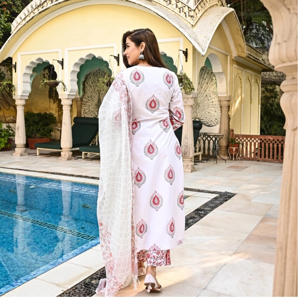 Women's Casual 3/4th Sleeve Block Print Cotton Kurti Set (White And Marron) - Image 5