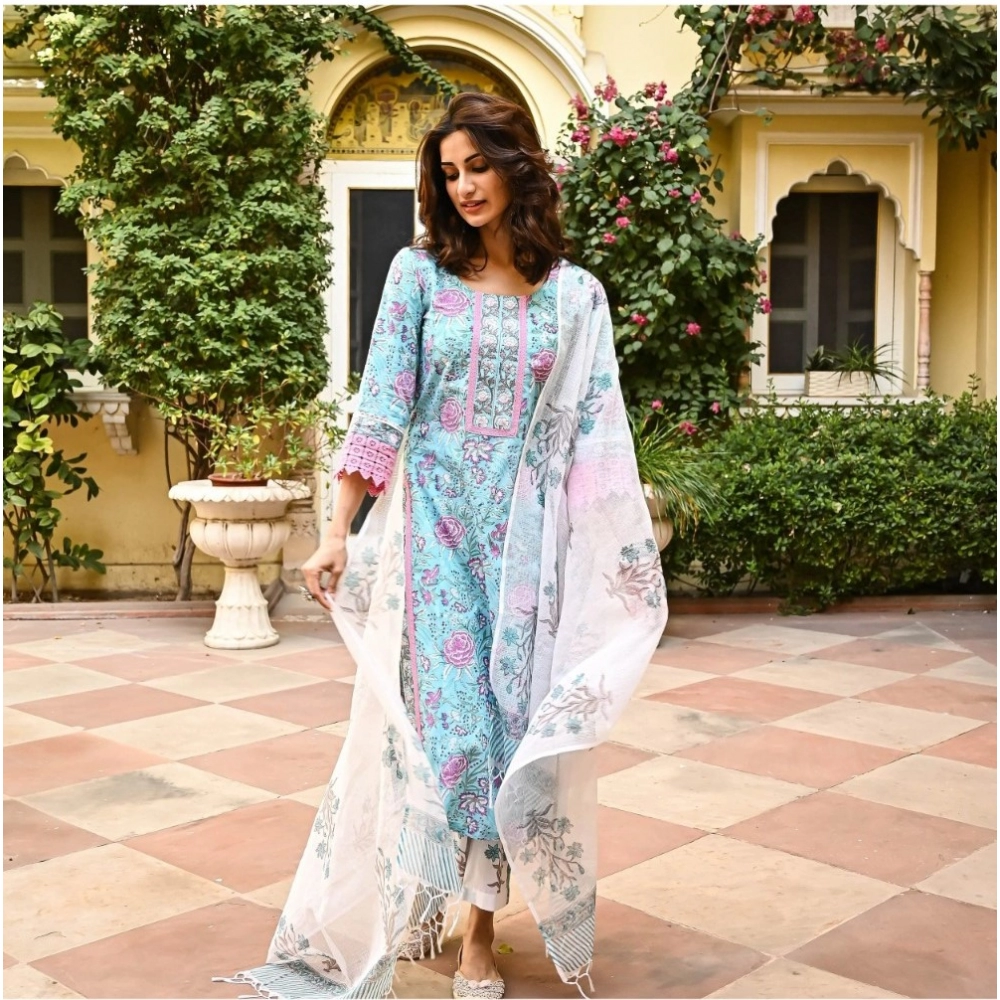Women's Casual 3/4th Sleeve Floral Print Cotton Kurti Set (Skyblue) - Image 4