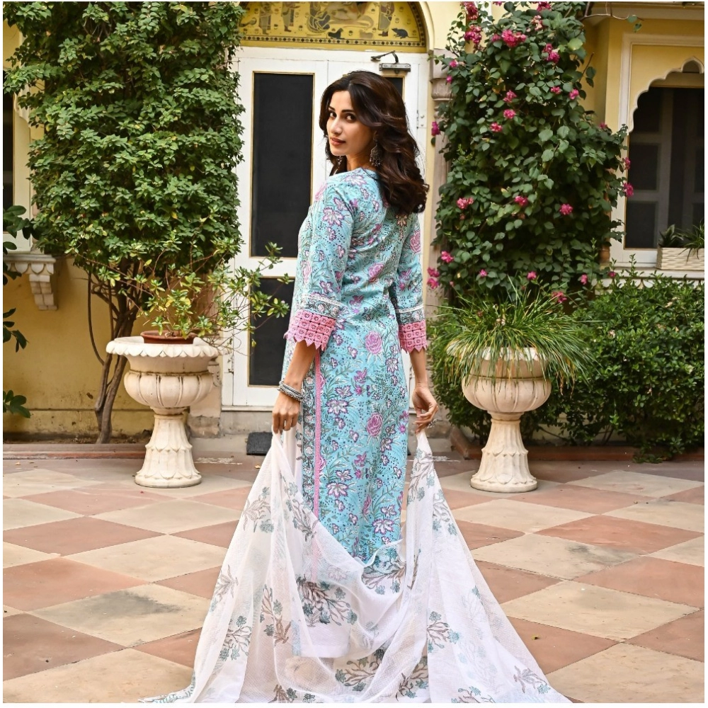 Women's Casual 3/4th Sleeve Floral Print Cotton Kurti Set (Skyblue) - Image 8