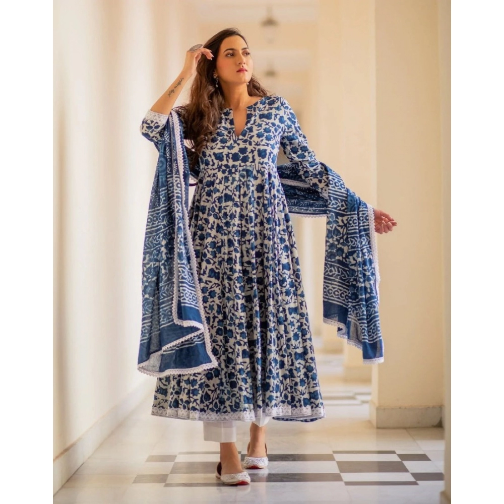 Women's Casual 3/4th Sleeve Printed Cotton Kurti Set (Blue) - Image 4