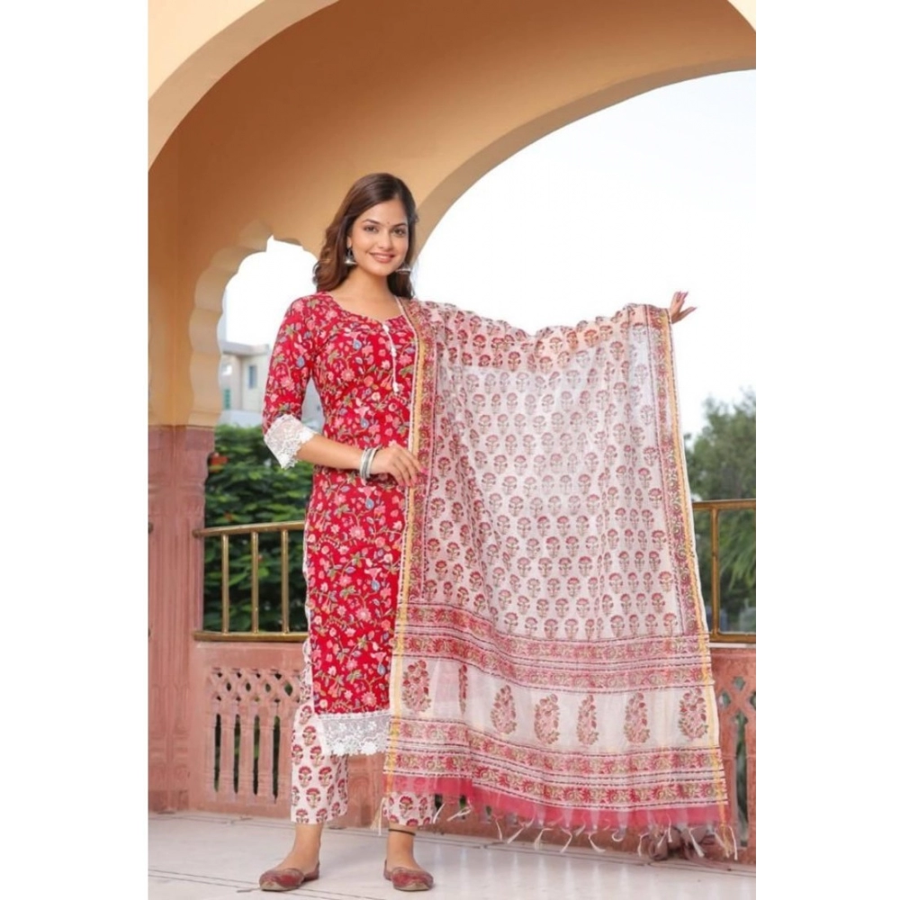 Women's Casual 3/4th Sleeve Printed Cotton Kurti Set (Red) - Image 6