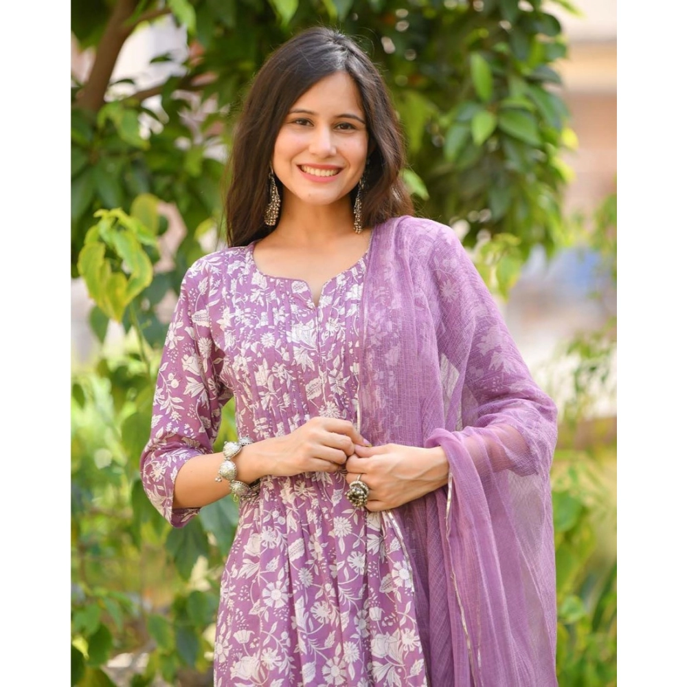 Women's Casual 3/4th Sleeve Printed Cotton Kurti Set (Purple) - Image 3