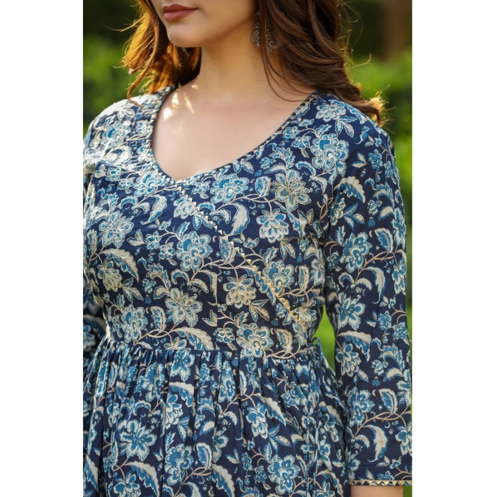 Women's Casual 3/4th Sleeve Printed Cotton Kurti Set (Navy Blue) - Image 2