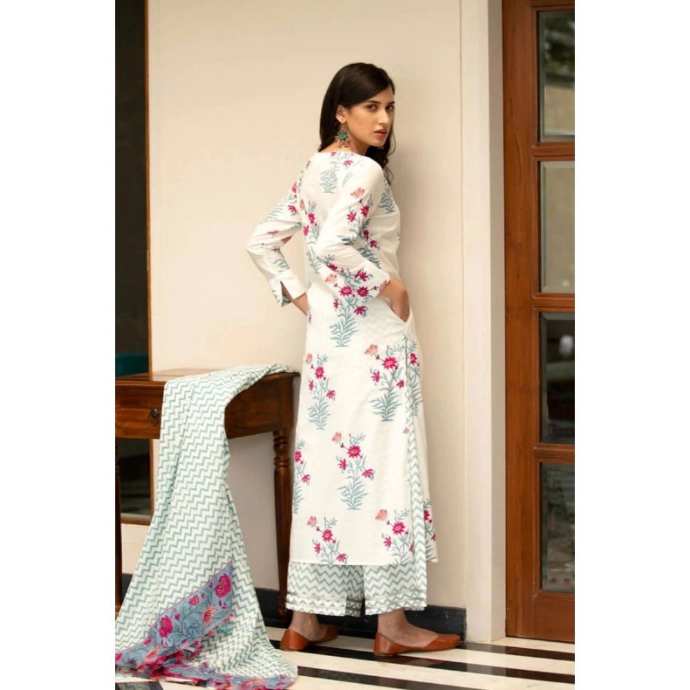 Women's Casual 3/4th Sleeve Floral Print Cotton Kurti Set (White) - Image 7