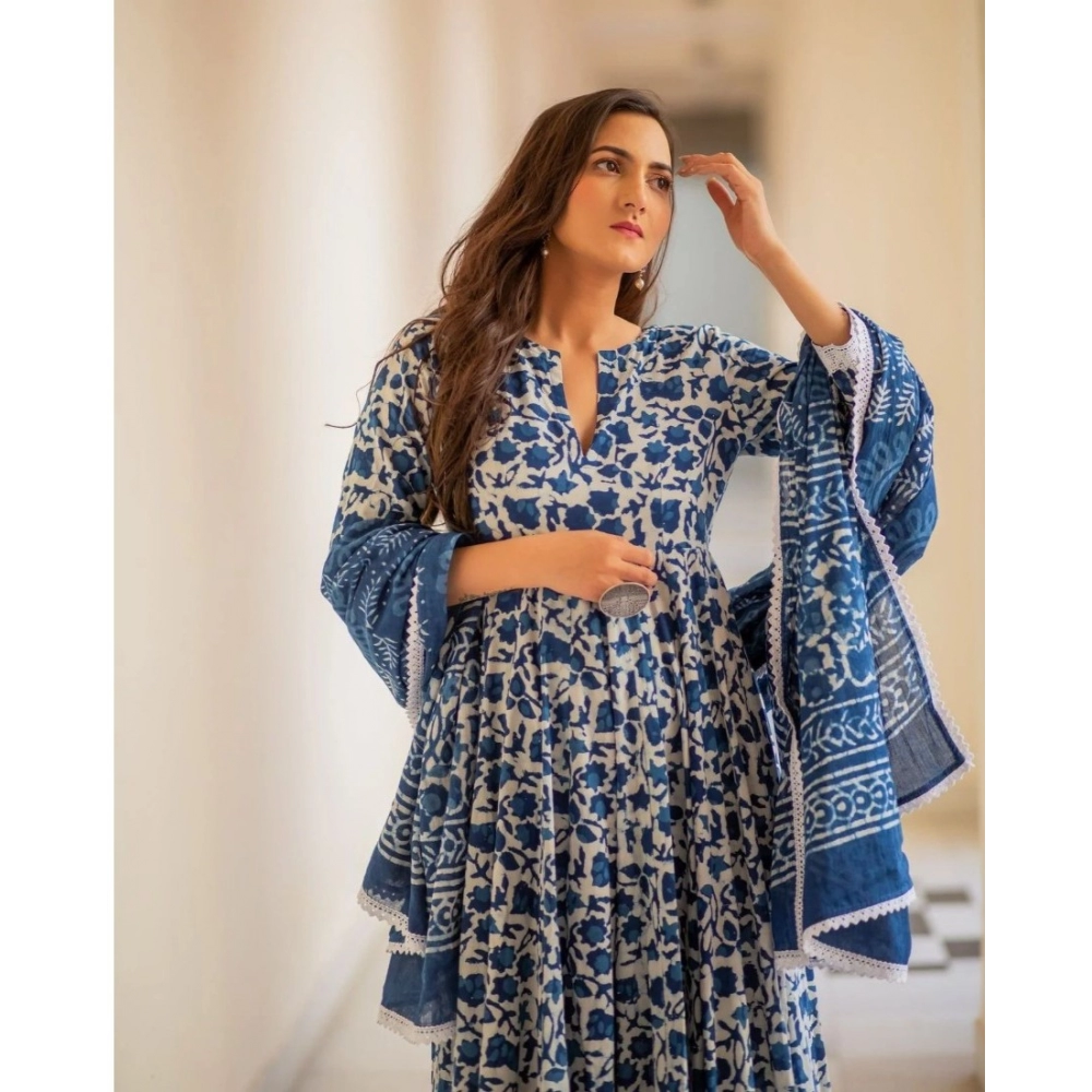 Women's Casual 3/4th Sleeve Printed Cotton Kurti Set (Blue) - Image 3