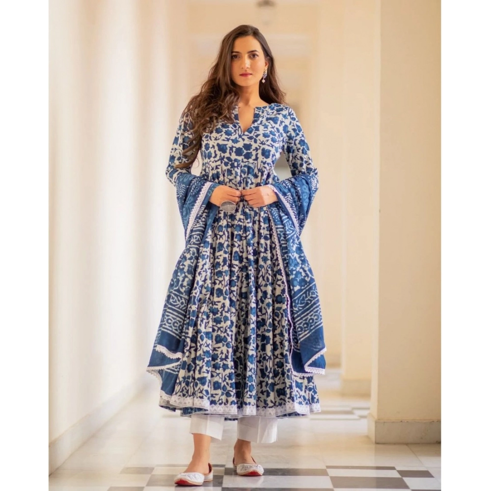 Women's Casual 3/4th Sleeve Printed Cotton Kurti Set (Blue) - Image 8