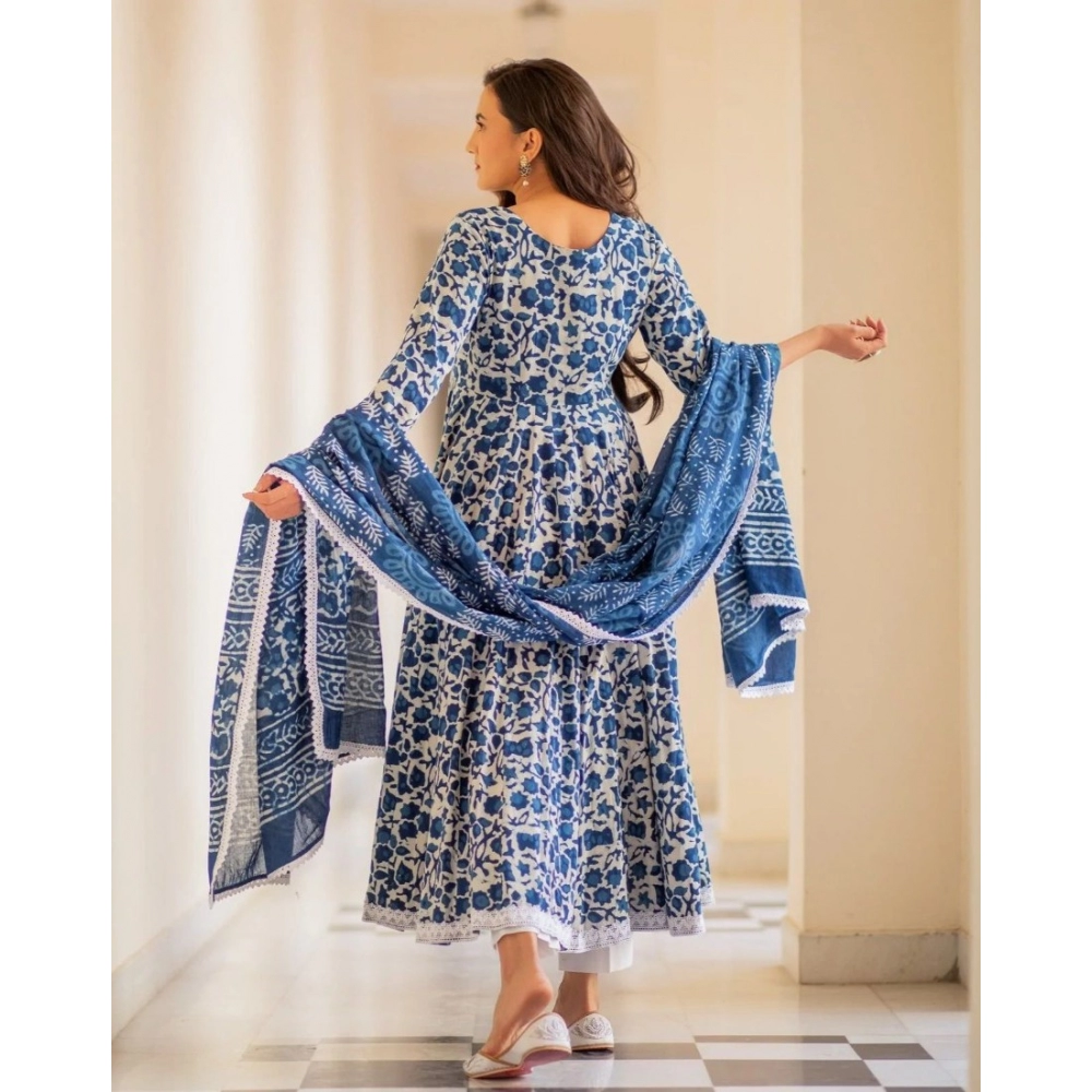 Women's Casual 3/4th Sleeve Printed Cotton Kurti Set (Blue) - Image 6