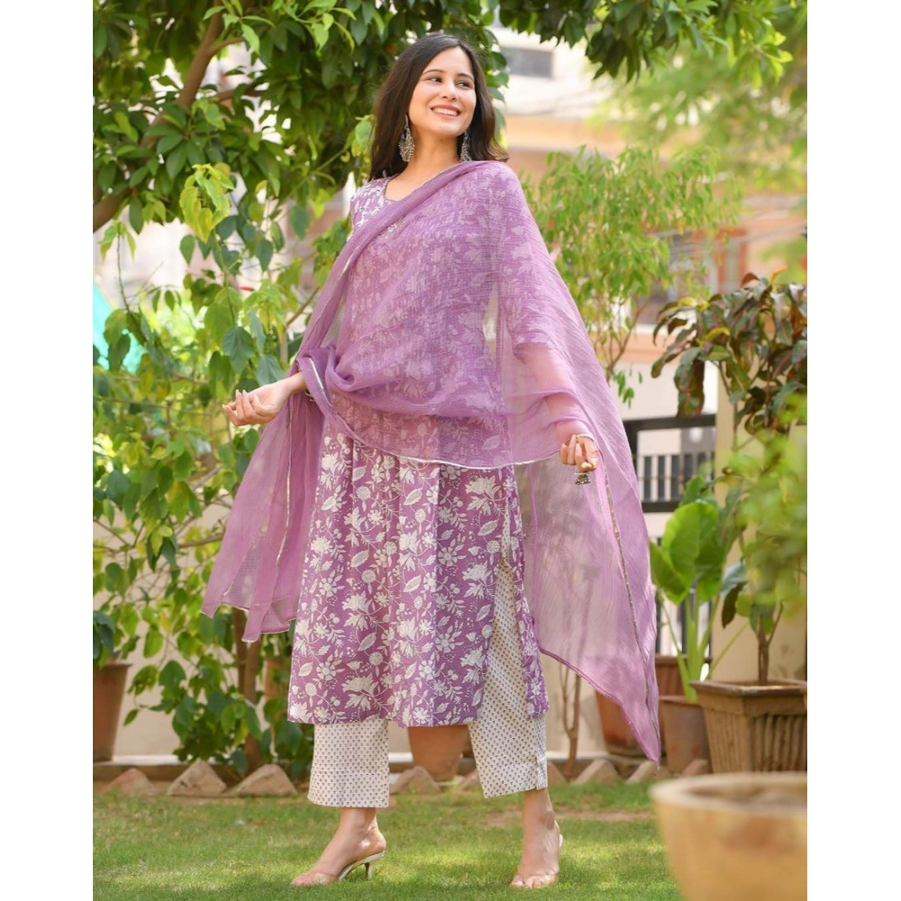 Women's Casual 3/4th Sleeve Printed Cotton Kurti Set (Purple) - Image 2