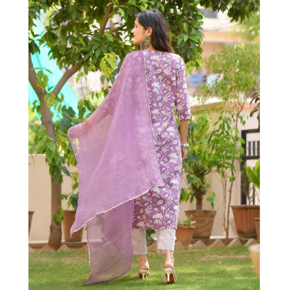 Women's Casual 3/4th Sleeve Printed Cotton Kurti Set (Purple) - Image 5