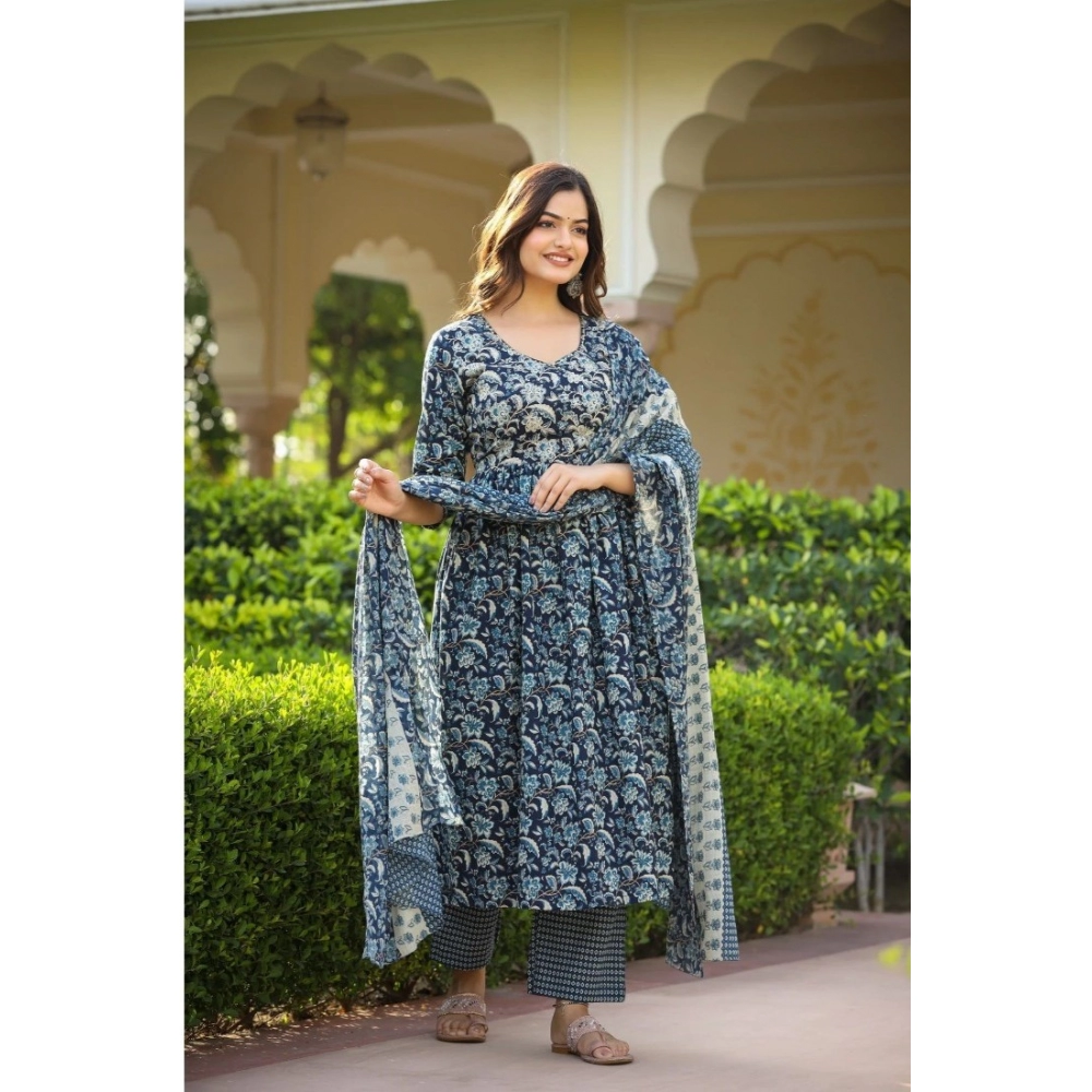Women's Casual 3/4th Sleeve Printed Cotton Kurti Set (Navy Blue) - Image 3