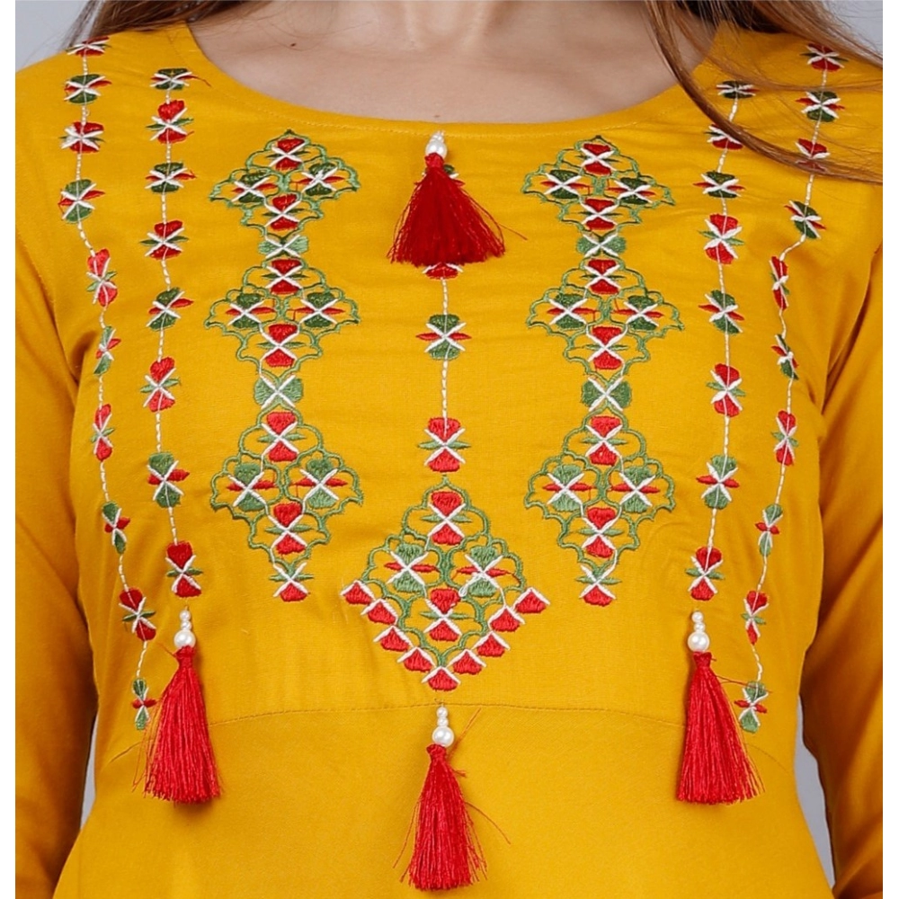 Women's Casual 3/4th Sleeve Embroidered Viscose Rayon Kurti (Mustard) - Image 3