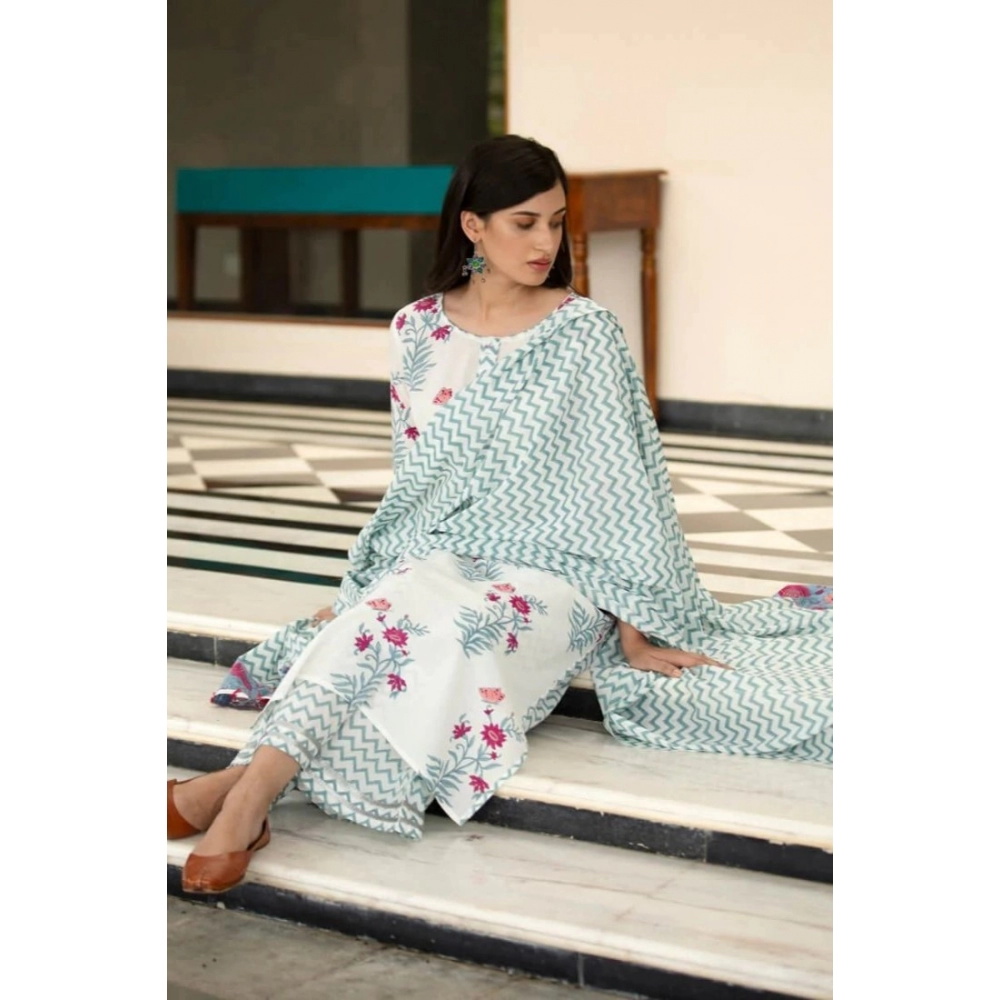 Women's Casual 3/4th Sleeve Floral Print Cotton Kurti Set (White) - Image 4