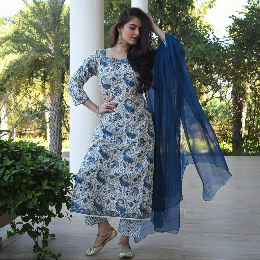 Women's Casual 3/4th Sleeve Printed Cotton Kurti Set (Blue) - Image 6