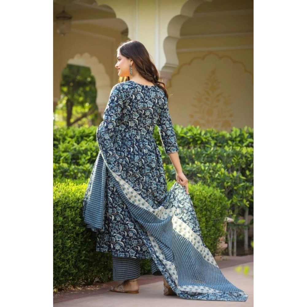 Women's Casual 3/4th Sleeve Printed Cotton Kurti Set (Navy Blue) - Image 6