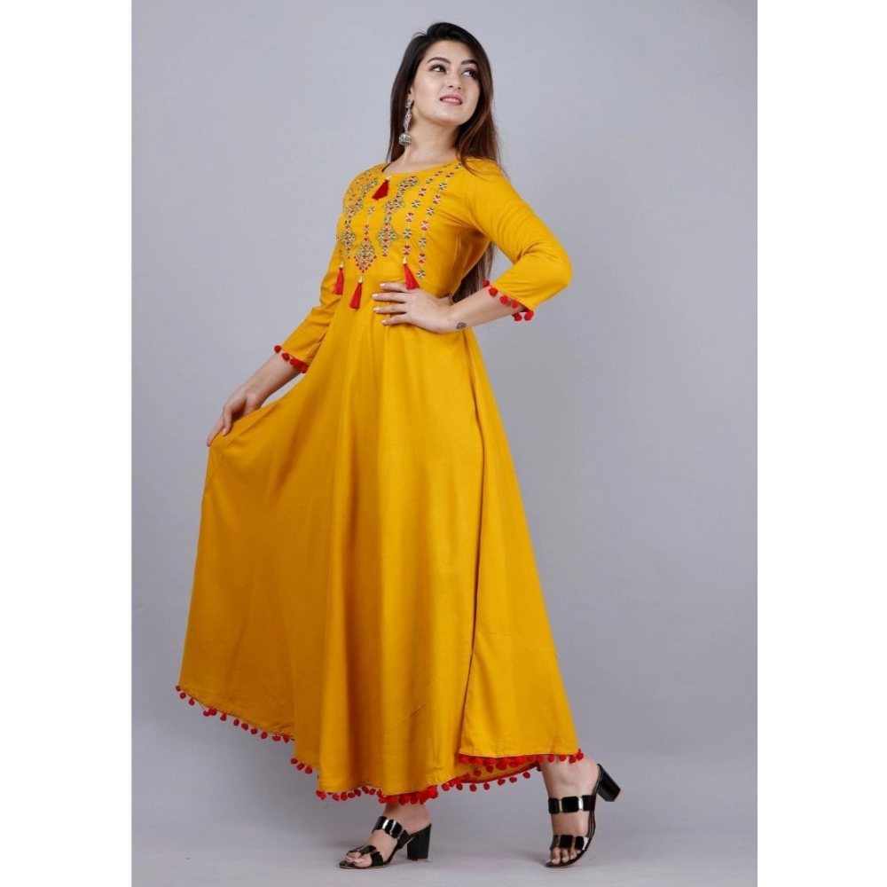 Women's Casual 3/4th Sleeve Embroidered Viscose Rayon Kurti (Mustard) - Image 2