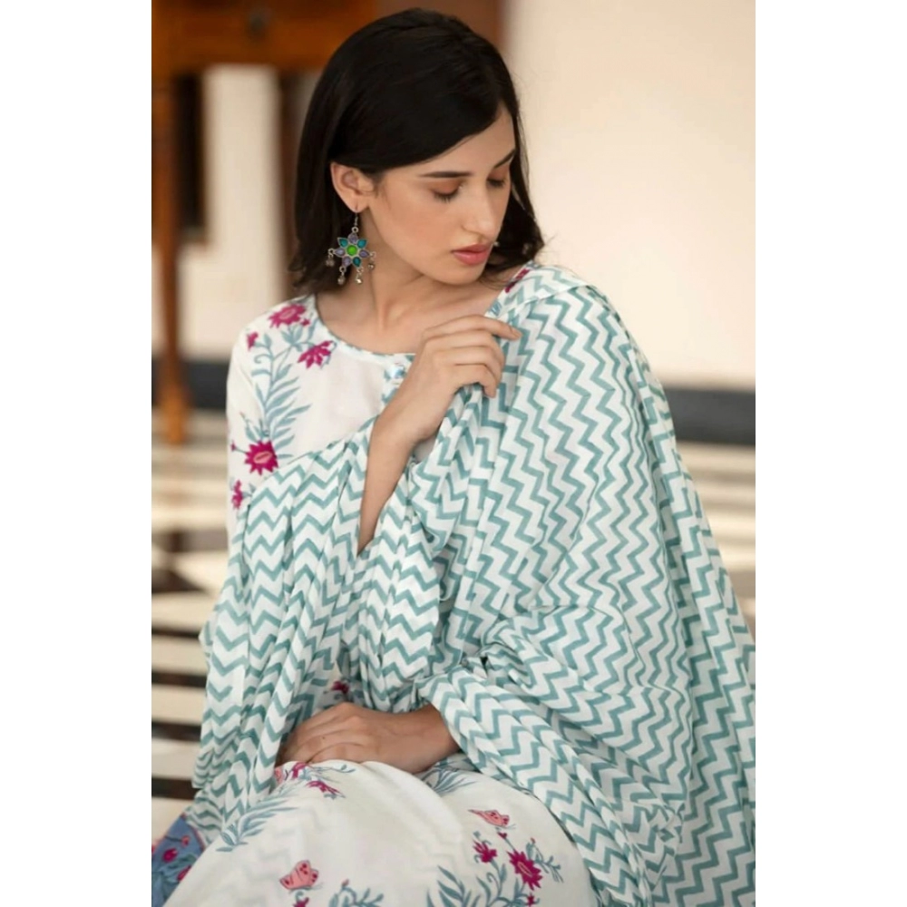 Women's Casual 3/4th Sleeve Floral Print Cotton Kurti Set (White) - Image 2