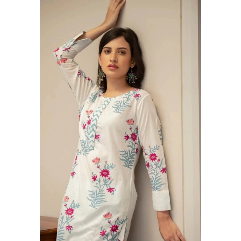 Women's Casual 3/4th Sleeve Floral Print Cotton Kurti Set (White) - Image 3