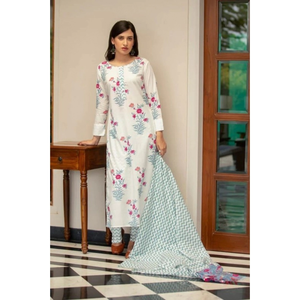 Women's Casual 3/4th Sleeve Floral Print Cotton Kurti Set (White) - Image 6