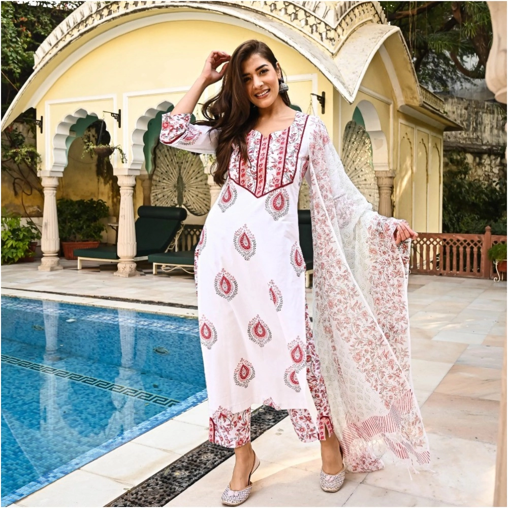 Women's Casual 3/4th Sleeve Block Print Cotton Kurti Set (White And Marron) - Image 7