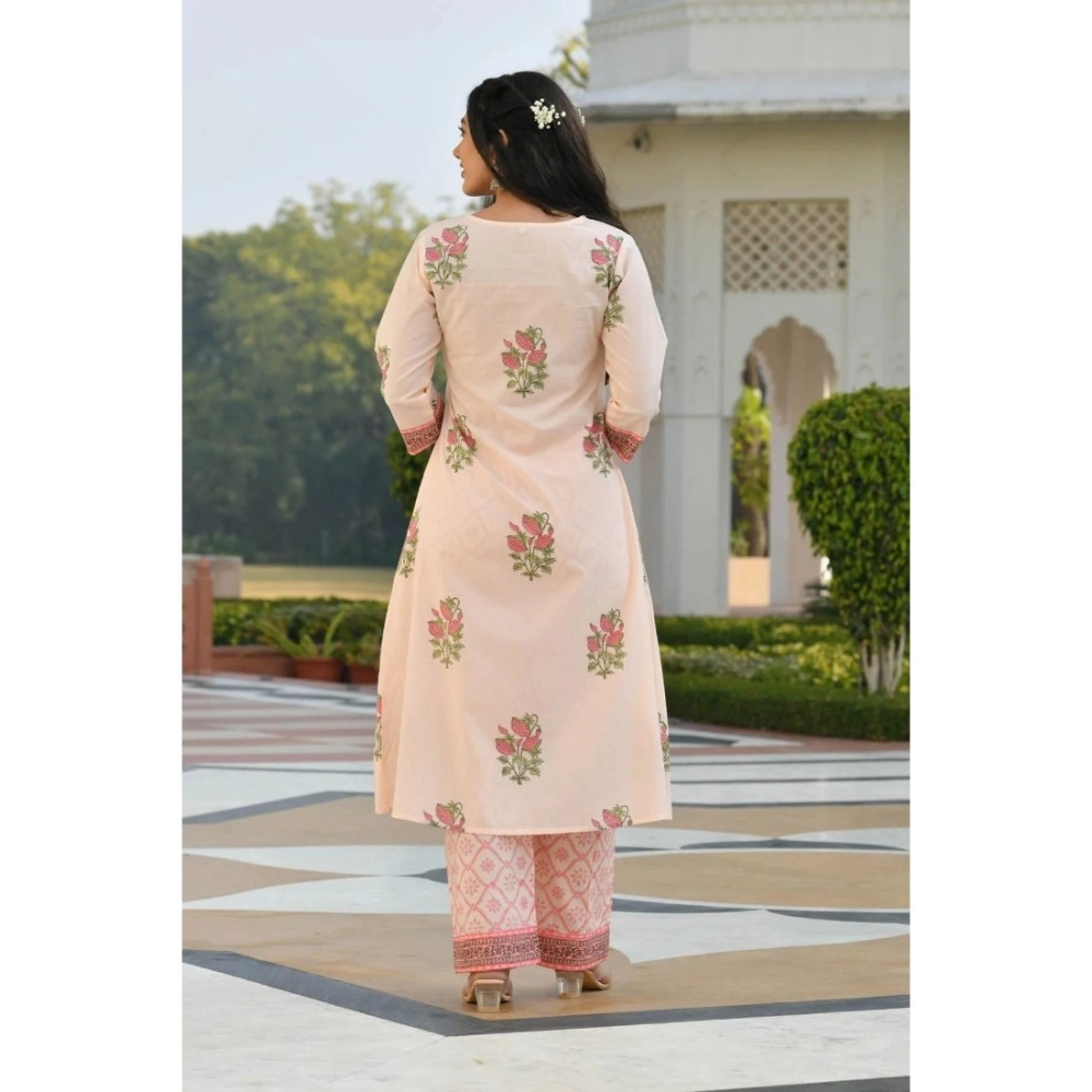 Women's Casual 3/4th Sleeve Floral Print Cotton Kurti Set (Pink) - Image 5