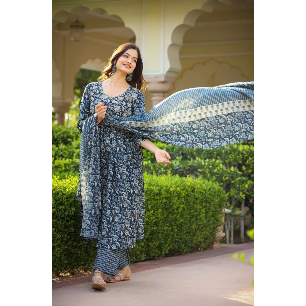 Women's Casual 3/4th Sleeve Printed Cotton Kurti Set (Navy Blue) - Image 4