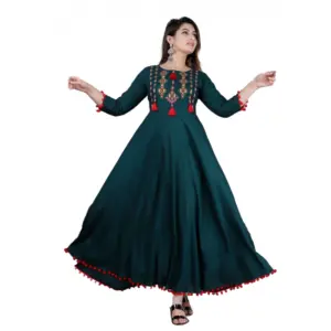 Women's Casual 3/4th Sleeve Embroidered Viscose Rayon Kurta (Bottle Green)