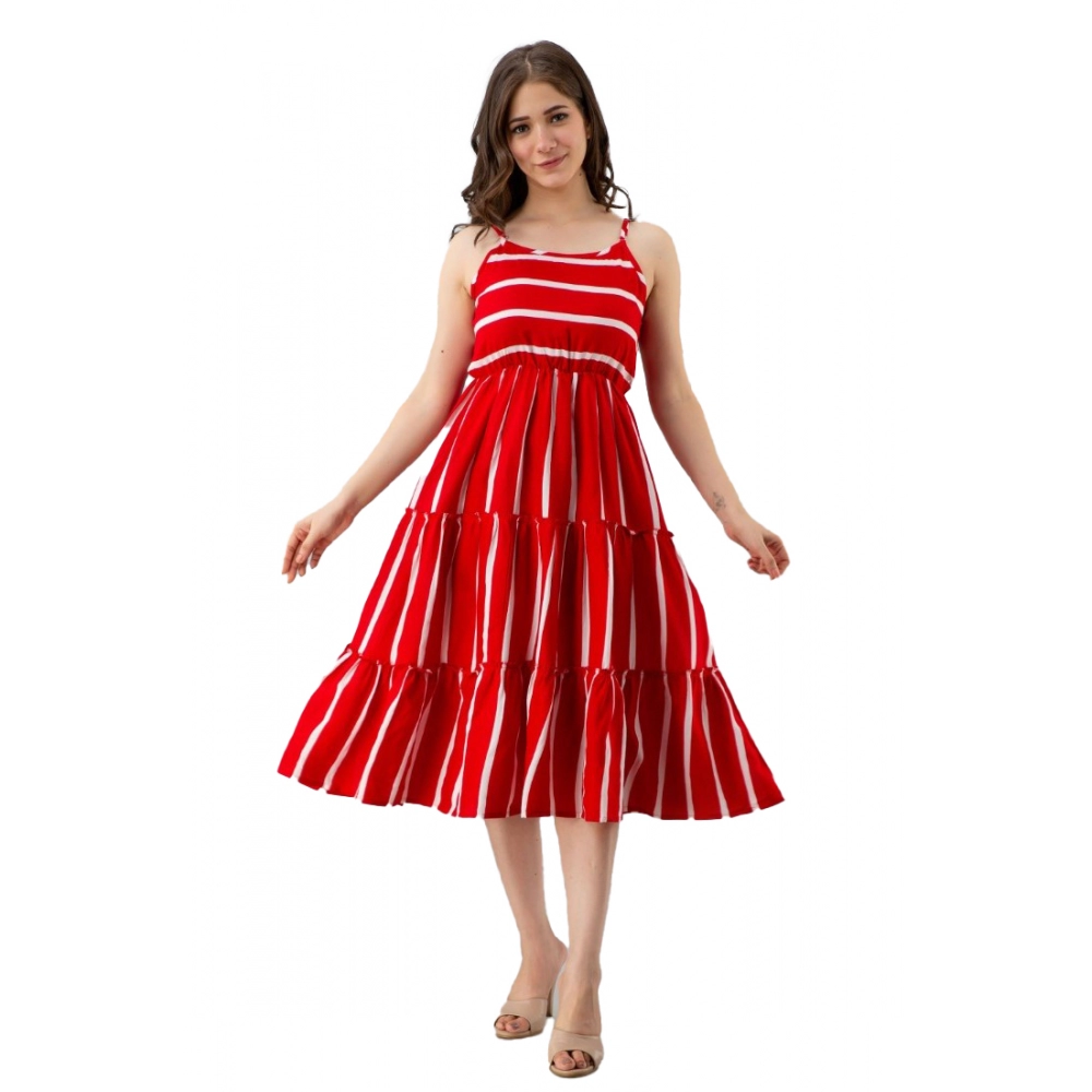 Women's Casual Sleeveless Striped Crape Dresses (Red)