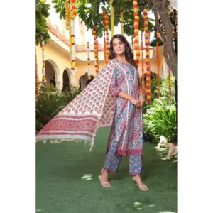 Women's Casual 3/4th Sleeve Printed Cotton Kurti Set (Pastel Blue)