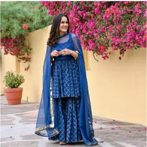 Women's Casual Sleeveless Printed Cotton Kurti Set (Blue)